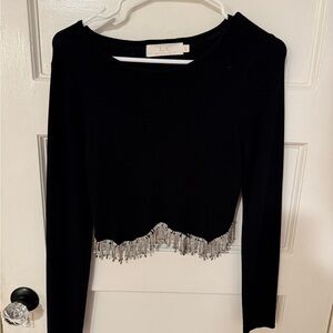 Black Shimmer Fringe Hem Crop Top